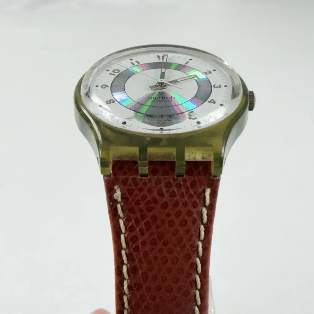 Vintage Swatch Mens Watch Orly GM110 34mm White Dial Brown Leather Strap Swiss